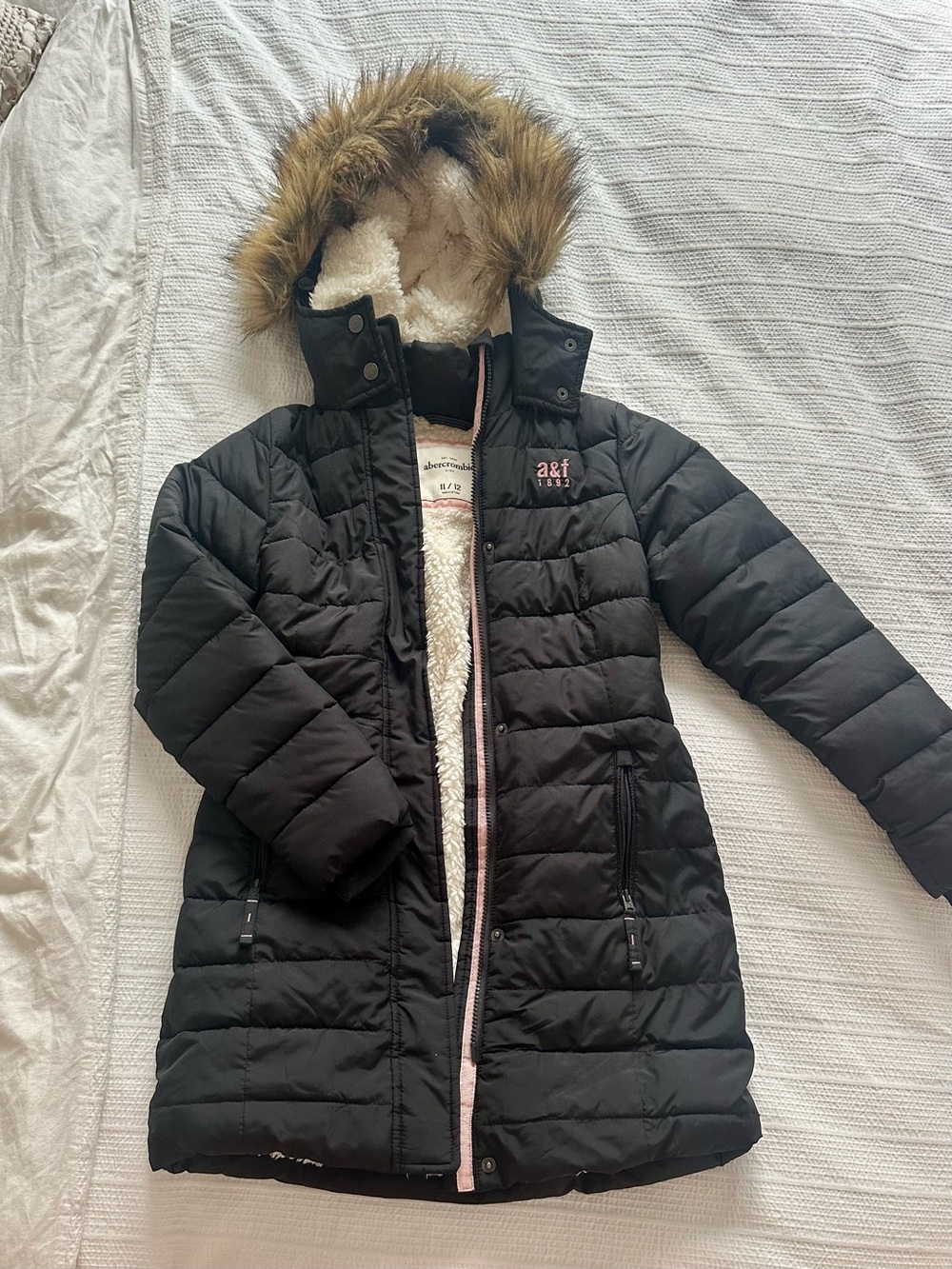 Abercrombie & Fitch Kids Black Quilted Faux-Fur Hooded Winter Coat